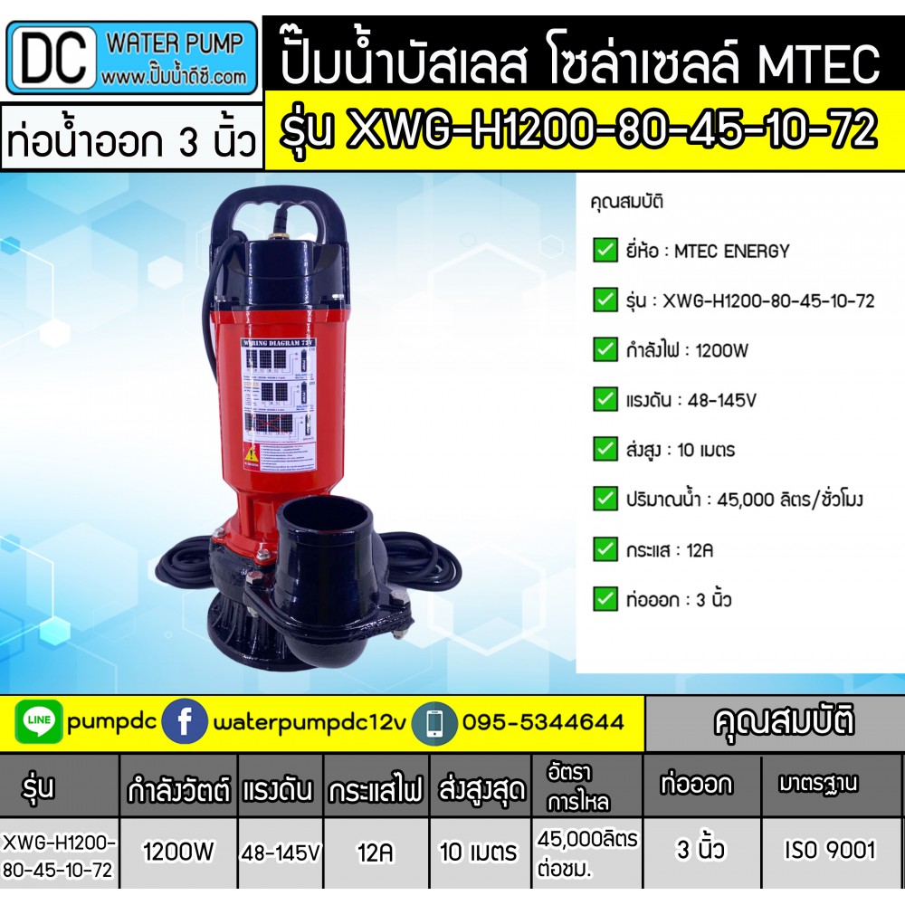 ปั๊มจุ่มบัสเลส 1200W 48-145V MTEC รุ่น XWG-H1200-80-45-10-72 ท่อออก 3 นิ้ว